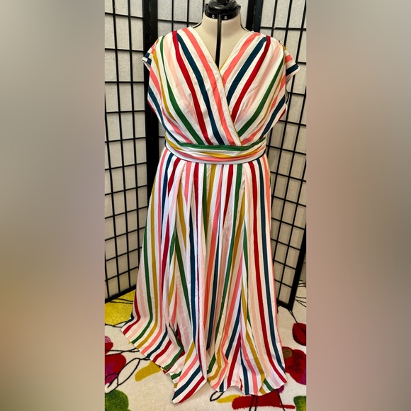 Bold Stripe Crepe Surplice Maxi Dress Rainbow 2x eShakti - Picture 1 of 4